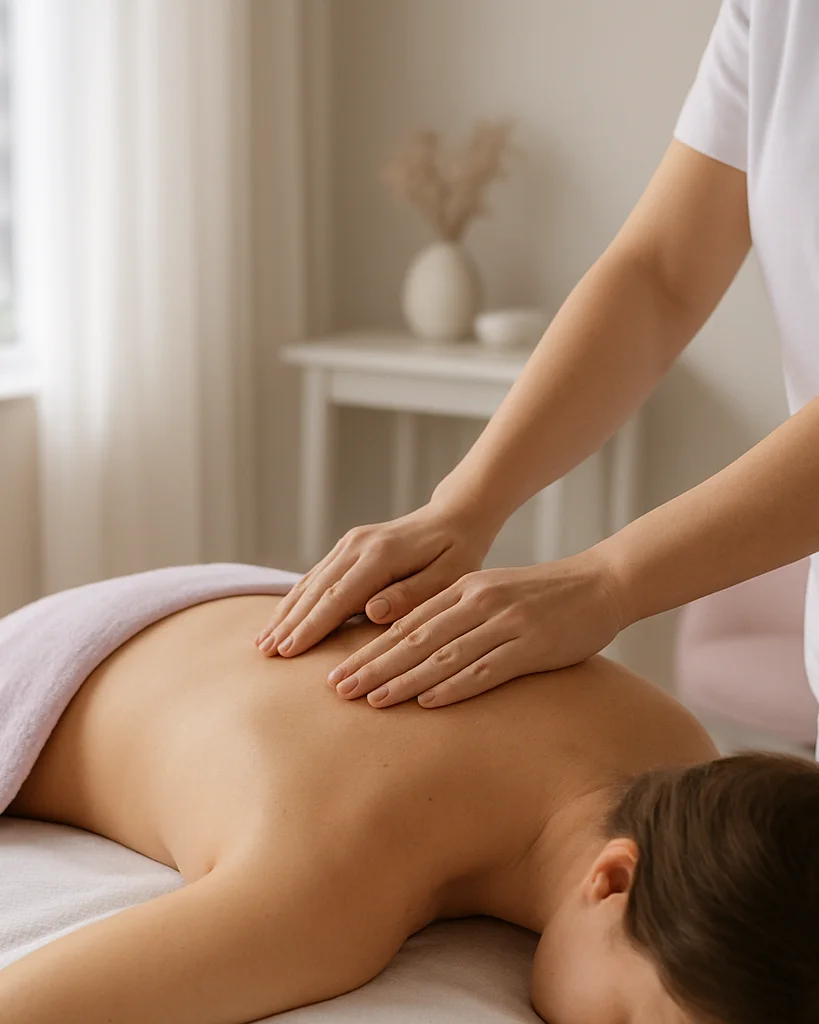 Editorial wellness photography, soft diffused daylight, calm trea