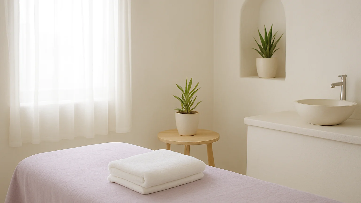 Interior de cabina de spa privada, luz natural suave y difusa ent